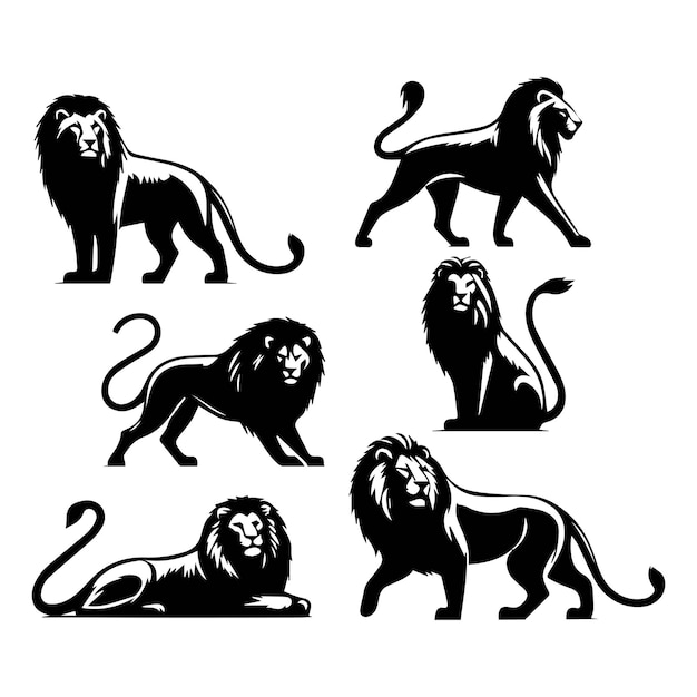 Conjunto de leones Colección de ilustraciones vectoriales de siluetas negras de leones