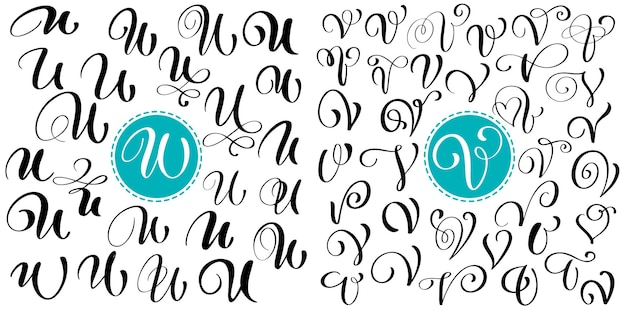 Conjunto de letra de caligrafía vectorial dibujada a mano Fuente de script UV Letras aisladas escritas con tinta