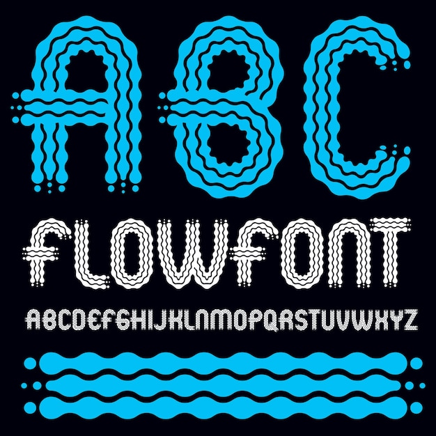 Conjunto de letras del alfabeto inglés de la capital del vector pop de moda, abc aislado. Fuente en negrita redondeada, texto mecanografiado para su uso como elementos de diseño de afiches retro. Hecho con líneas fluidas.