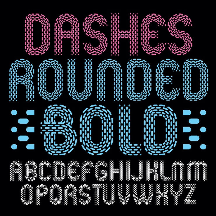 Vector conjunto de letras del alfabeto inglés de capital vectorial de moda aisladas. la fuente en negrita redondeada, el guión de la a a la z se puede utilizar en el diseño de afiches retro, periódico. hecho con líneas discontinuas paralelas.
