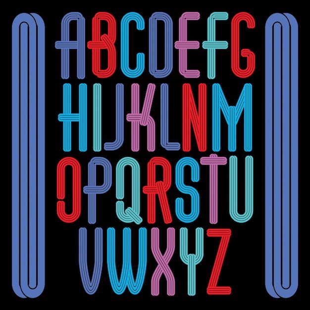 Conjunto de letras del alfabeto inglés funky en mayúsculas altas vectoriales brillantes aisladas con líneas paralelas, para usar como elementos de diseño de afiches retro para publicidad de clubes divertidos o conciertos.