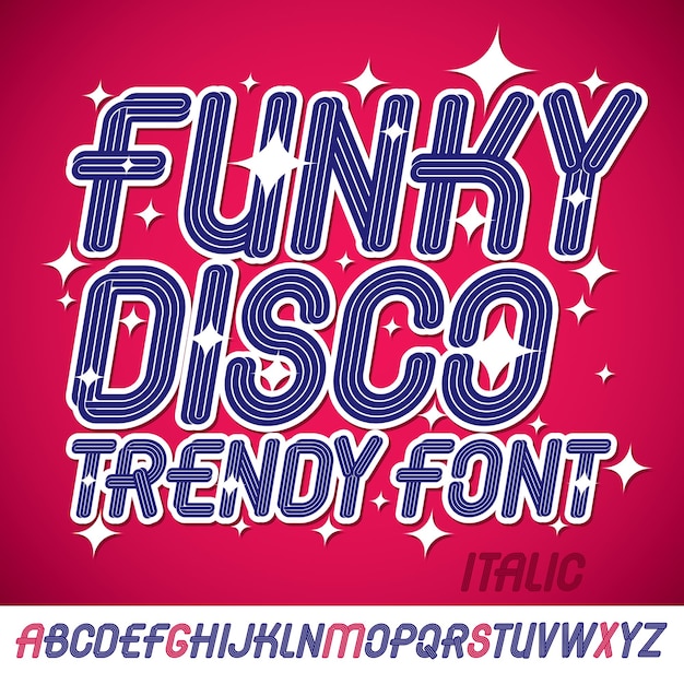 Un conjunto de letras del alfabeto inglés funky en mayúsculas vectoriales en cursiva brillante aisladas se puede utilizar como elemento de diseño de logotipo para empresas de eventos