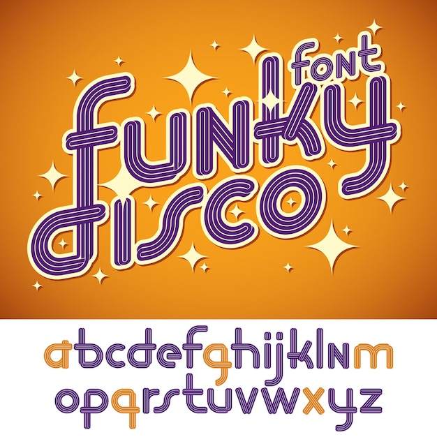 Conjunto de letras del alfabeto inglés funky en minúsculas redondeadas vectoriales con líneas paralelas, se puede utilizar como elemento de diseño de logotipo para empresas de eventos.