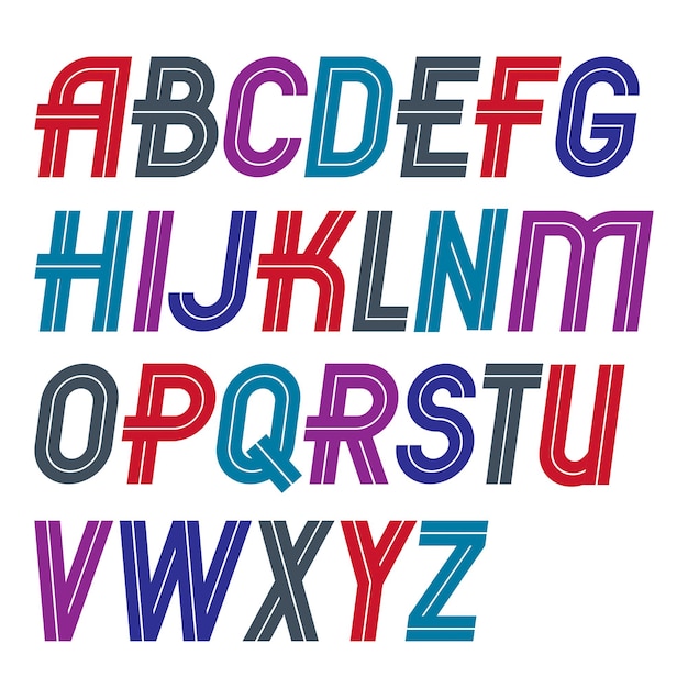 Vector conjunto de letras del alfabeto inglés en mayúsculas regulares vectoriales hechas con líneas blancas, para usar como elementos de diseño para la prensa y los blogs.