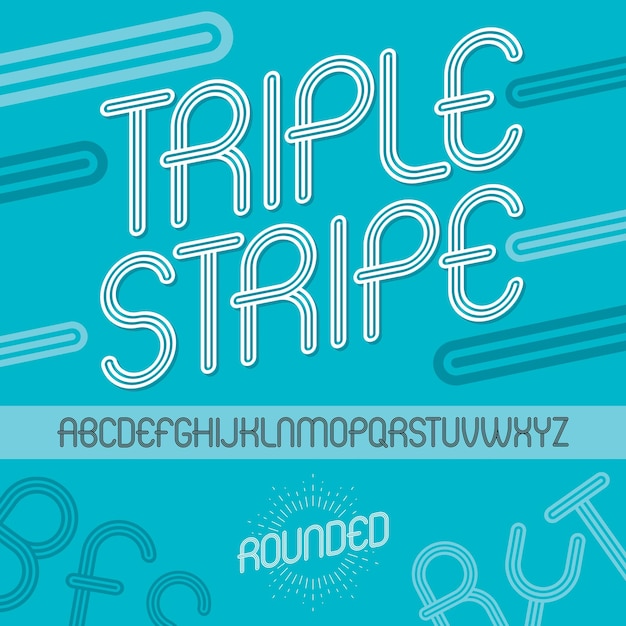 Conjunto de letras del alfabeto inglés en mayúsculas del vector disco aisladas. Fuente funky redondeada, mecanografiada para usar en el diseño de logotipos. Realizado con líneas triples paralelas geométricas.