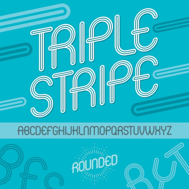 Conjunto de letras del alfabeto inglés en mayúsculas del vector disco aisladas. fuente funky redondeada, mecanografiada para usar en el diseño de logotipos. realizado con líneas triples paralelas geométricas.