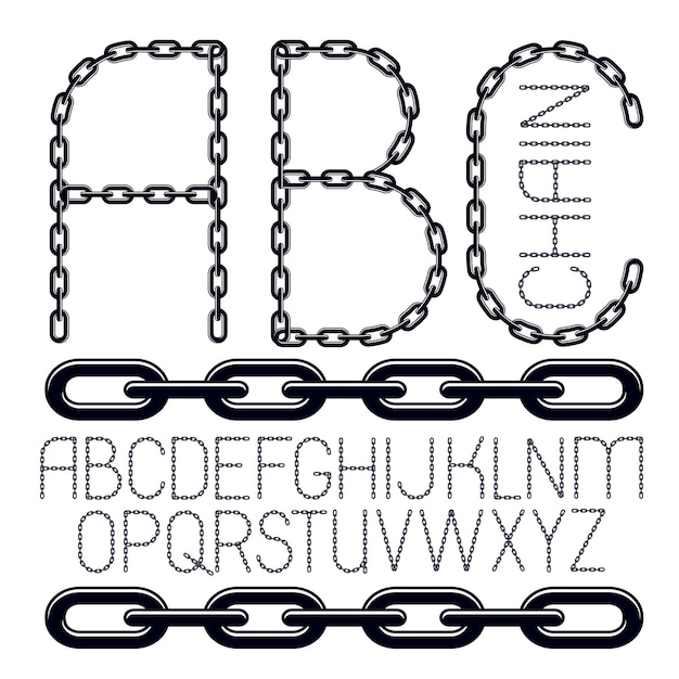Conjunto de letras del alfabeto inglés vectorial, abc aislado. Fuente decorativa en mayúsculas creada con un eslabón de cadena conectado de metal.