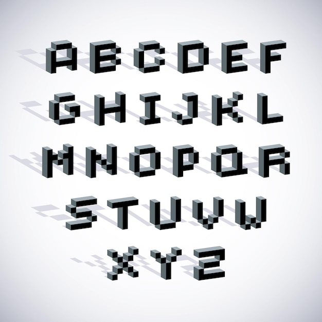 Conjunto de letras del alfabeto de tecnología moderna vectorial. Fuente digital pixelada geométrica, caracteres de 8 bits con puntos 3d.