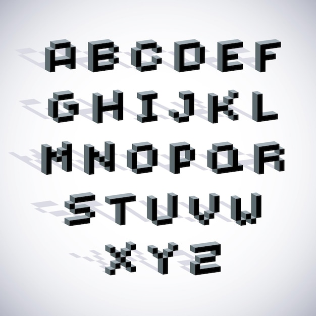 Conjunto de letras del alfabeto de tecnología moderna vectorial. fuente digital pixelada geométrica, caracteres de 8 bits con puntos 3d.