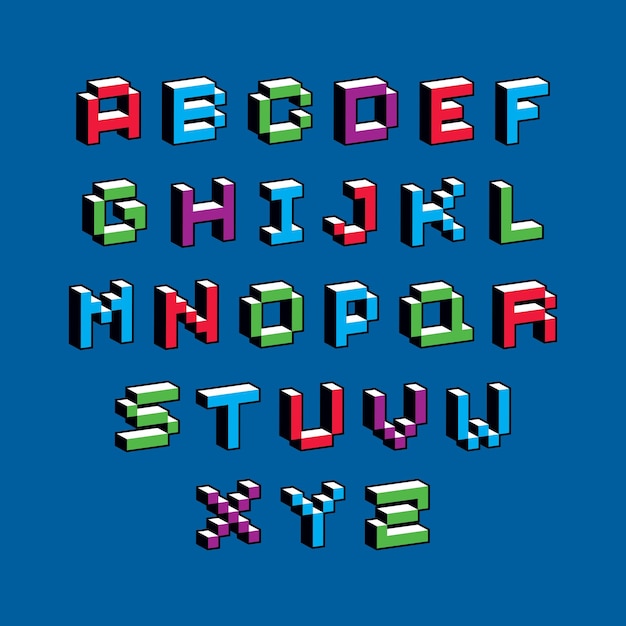 Conjunto de letras del alfabeto de tecnología moderna vectorial. Fuente digital pixelada geométrica, caracteres de 8 bits con puntos 3d.