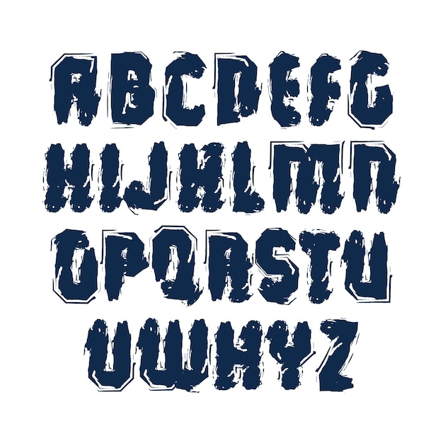 Conjunto de letras del alfabeto vectorial grunge, escritura sucia dibujada a mano, letras mayúsculas cepilladas inusuales.