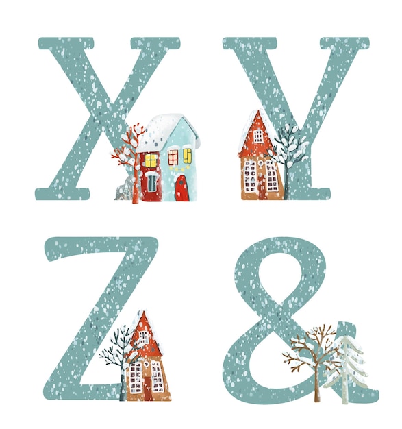 Conjunto de letras azules con casas nevadas de invierno, alfabeto de navidad