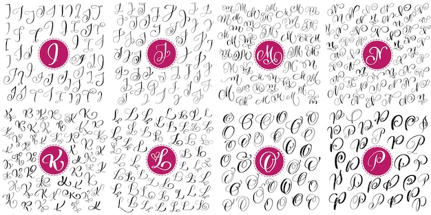 Conjunto de letras de caligrafía de vector dibujado a mano IJKKMNOP Script fuente alfabeto letras tinta