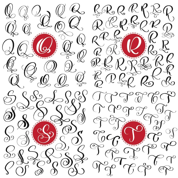 Conjunto de letras de caligrafía vectorial dibujadas a mano QRST Script font Letras aisladas escritas con tinta
