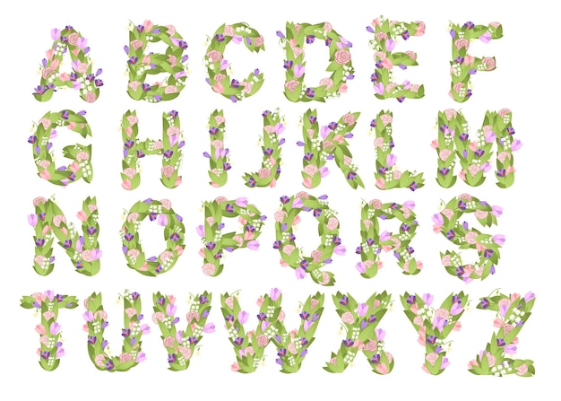 conjunto de letras diseño de fuente de flores de dibujos animados con flores y hojas ilustración