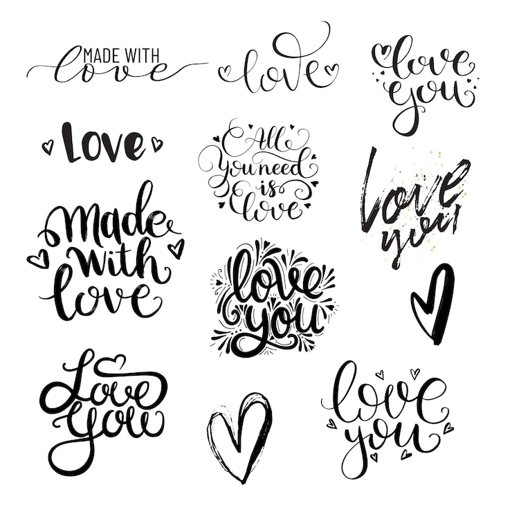 Conjunto de letras escritas a mano en blanco y negro sobre el amor al día de san valentín