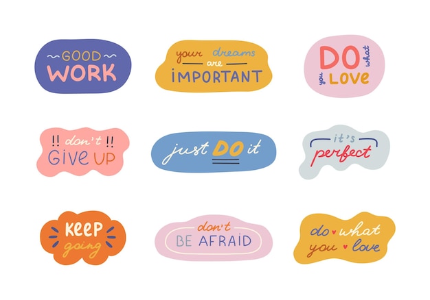 Conjunto de letras escritas a mano con frases motivacionales y animadoras en burbujas abstractas y geométricas