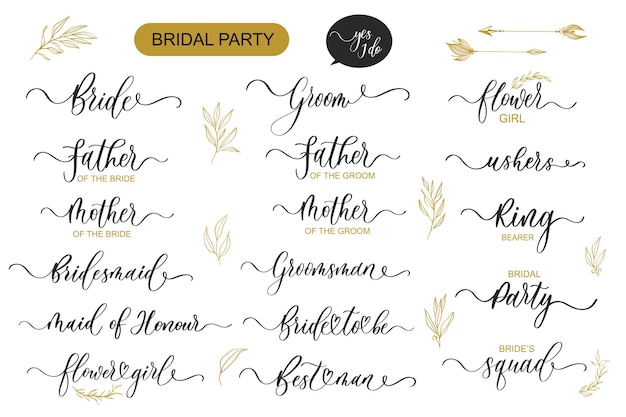 Conjunto de letras de fiesta nupcial Ortografía de caligrafía elegante ondulada para decoración en despedida de soltera y boda