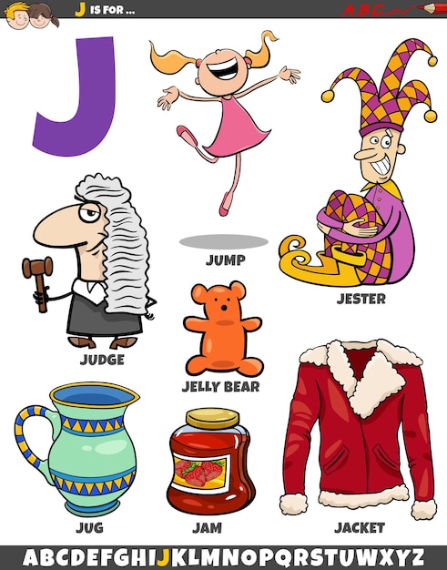 Conjunto de letras J con objetos y personajes de dibujos animados