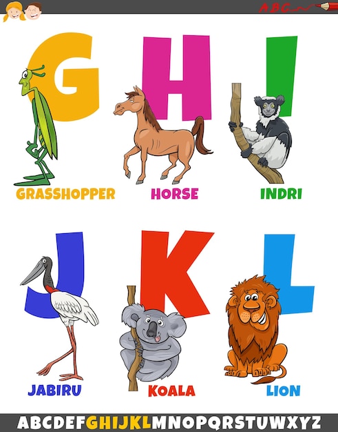conjunto de letras de la letra G a la L con animales de dibujos animados