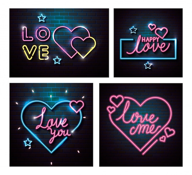 Conjunto de letras de luz de neón para el día de san valentín