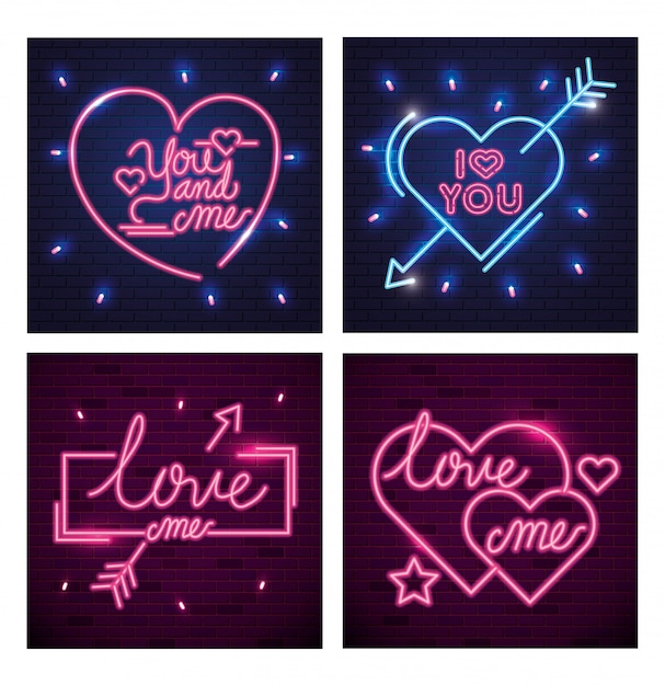 Conjunto de letras de luz de neón para el día de san valentín