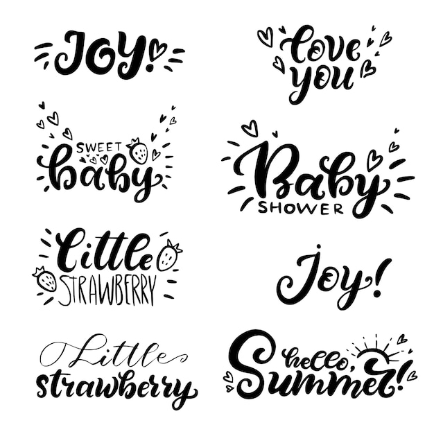 Vector conjunto de letras de la mano citas sobre el amor al bebé. te quiero, fresa pequeña, baby shower, hola verano, alegría.