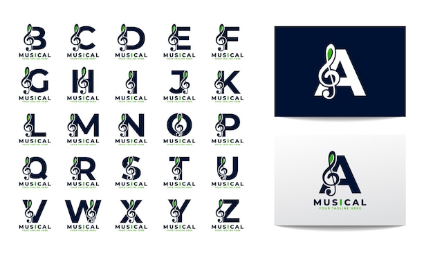 Vector conjunto de letras mayúsculas del alfabeto con elemento de diseño de logotipo de nota clave de música