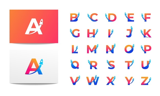 Vector conjunto de letras mayúsculas del alfabeto con símbolo de icono de logotipo de cohete