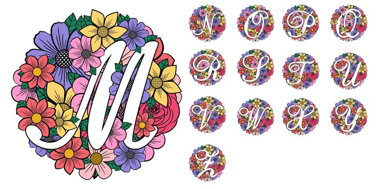 Vector conjunto de letras monograma de flores redondas alfabeto floral fuente vectorial diseños de letras florales