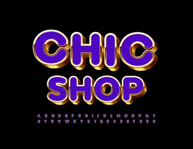 Conjunto de letras y números del alfabeto de oro y púrpura de la fuente 3D moderna de la tienda elegante del emblema de lujo del vector