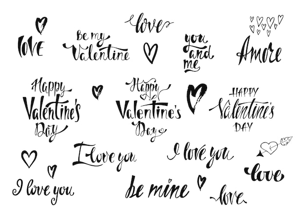 Conjunto de letras románticas. Postal de caligrafía o elemento de tipografía de diseño gráfico de carteles. Signo de feliz día de San Valentín de estilo vectorial escrito a mano.