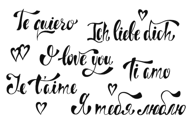 Conjunto de letras románticas. te amo mensajes de texto en diferentes idiomas. postal de caligrafía o elemento de tipografía de diseño gráfico de carteles. signo de feliz día de san valentín de estilo vectorial escrito a mano.