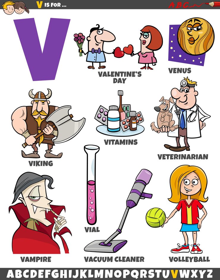 Vector conjunto de letras v con objetos y personajes de dibujos animados