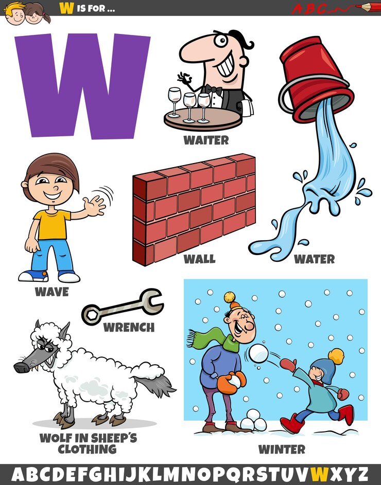 Vector conjunto de letras w con objetos y personajes de dibujos animados