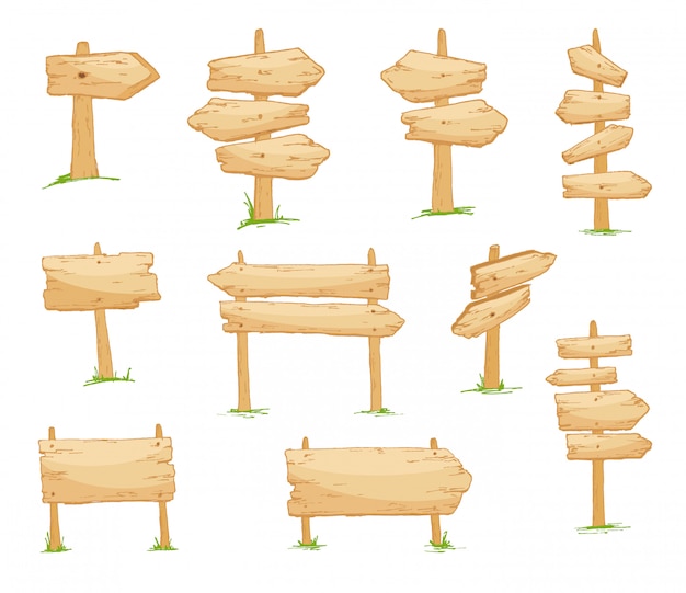 Conjunto de letrero. Letreros de madera en blanco de diferentes formas y tamaños. Estilo de dibujos animados