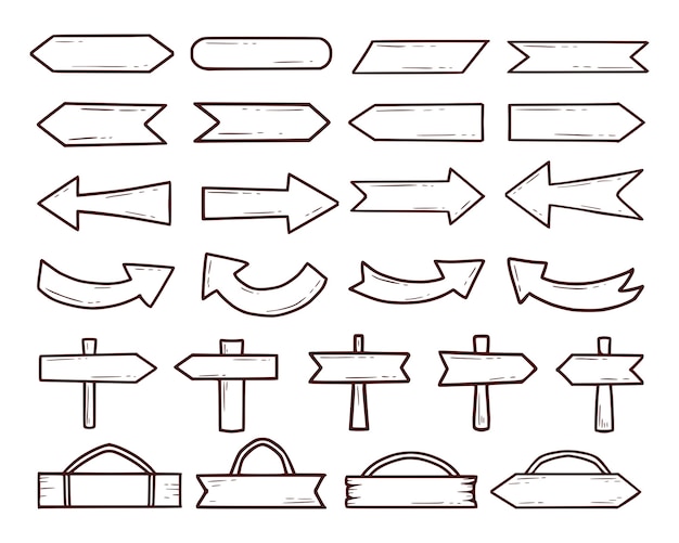 Conjunto de letrero de madera y flecha dibujo a mano dibujos animados de contorno