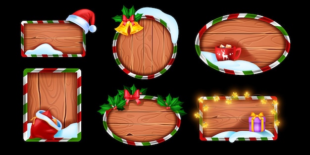 Conjunto de letrero de madera de invierno de Navidad vector kit de marco de vacaciones rústico ventisquero decoración de año nuevo