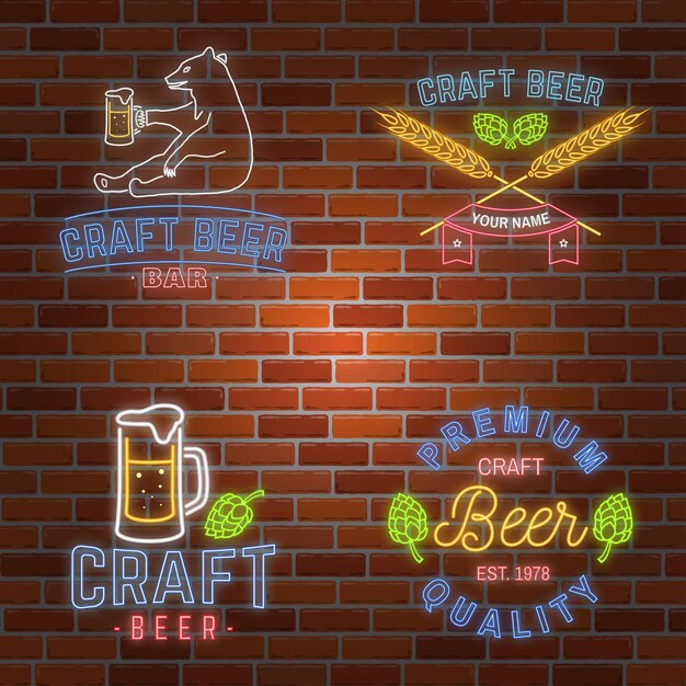 Vector conjunto de letreros de neón craft beer bar