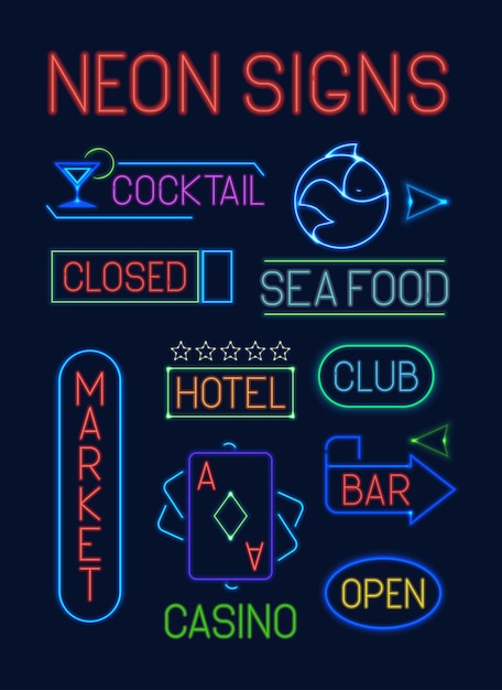 Conjunto de letreros de neón. Punteros eléctricos coloridos de neón que brilla intensamente carta club comida de mar azul casino cartas de cubierta mercado verde cóctel rojo hotel naranja indicador de cartel publicitario.