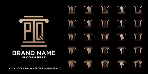 Conjunto de ley justicia y pilar diseño de logotipo letra p combinado de a a z con concepto creativo