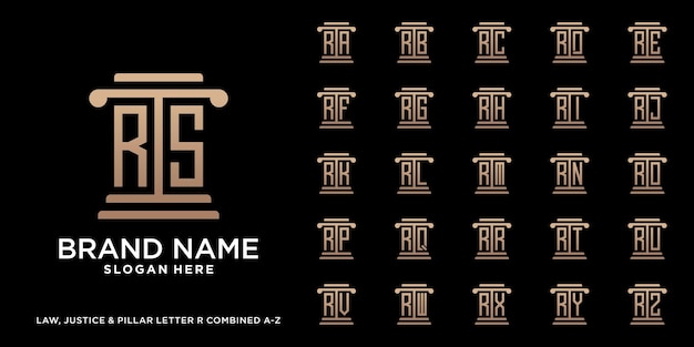 Conjunto de ley justicia y pilar diseño de logotipo letra r combinado de a a z con concepto creativo