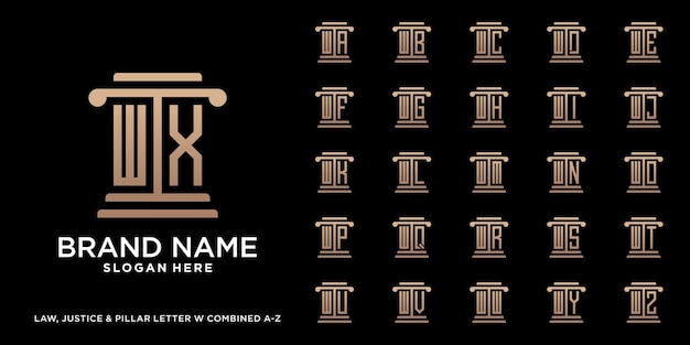 Conjunto de ley justicia y pilar diseño de logotipo letra w combinado de a a z con concepto creativo