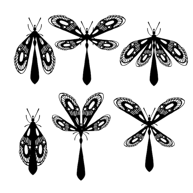 Conjunto de libélula plana simple con diferentes alas colección insectos ilustración vectorial plana aislado sobre fondo blanco