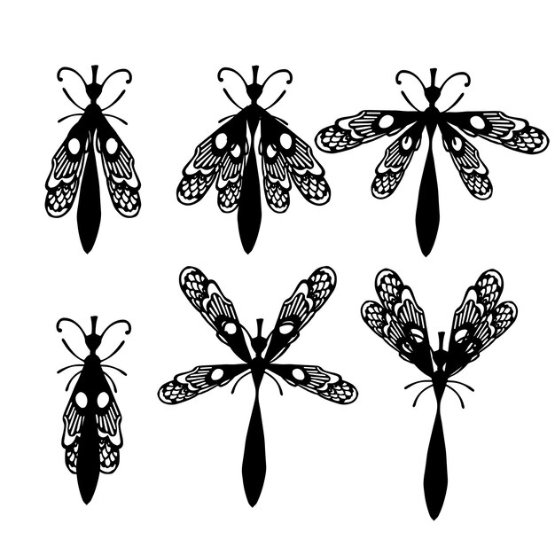 Conjunto de libélula plana simple con diferentes alas colección insectos ilustración vectorial plana aislado sobre fondo blanco