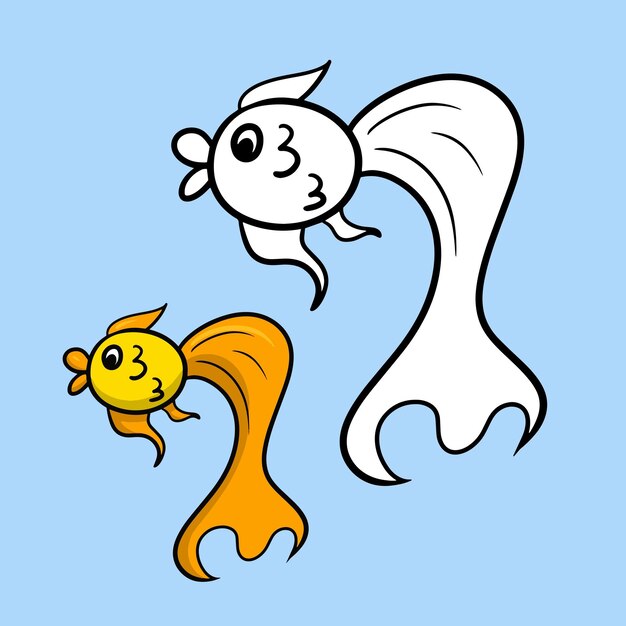 Vector un conjunto para un libro para colorear lindo pez de acuario dorado amarillo anaranjado con una ilustración de dibujos animados de vector de cola grande