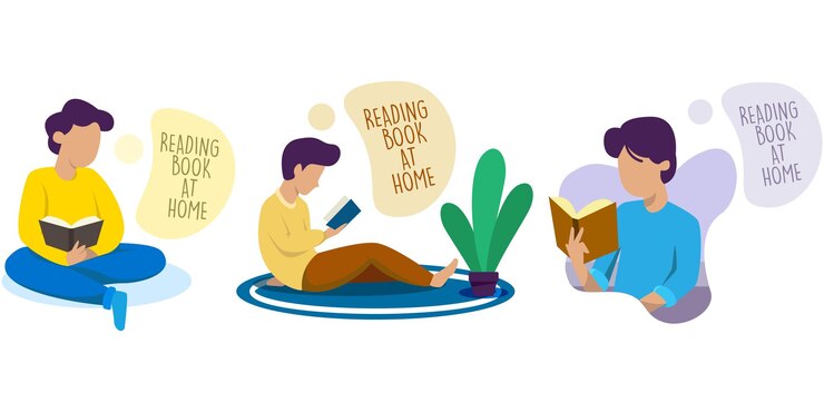 Vector conjunto de libro de lectura de actividad de auto cuarentena en la ilustración de diseño de concepto de hogar