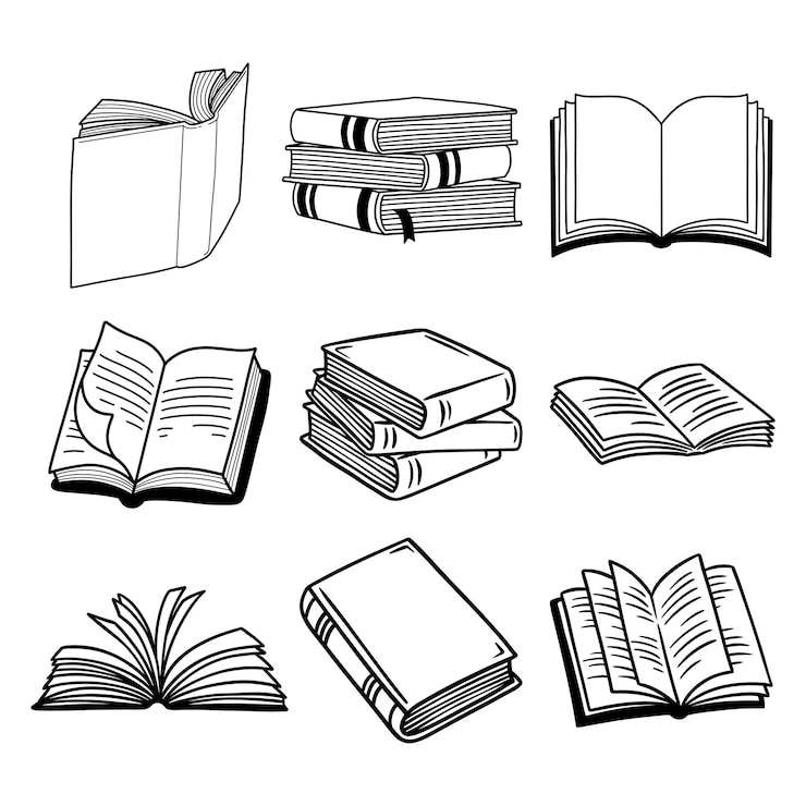 Vector conjunto, de, libro, mano, dibujado, ilustración