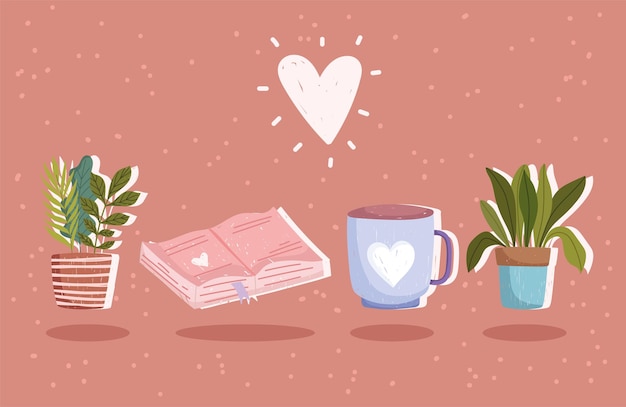 Vector conjunto de libro, taza de café y plantas con ilustración de corazón.