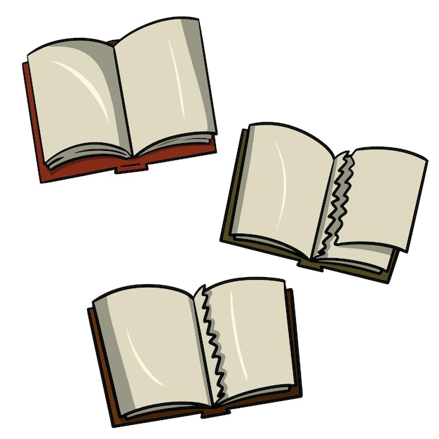 Un conjunto de libros antiguos libros abiertos un libro con una página rota una ilustración vectorial de dibujos animados